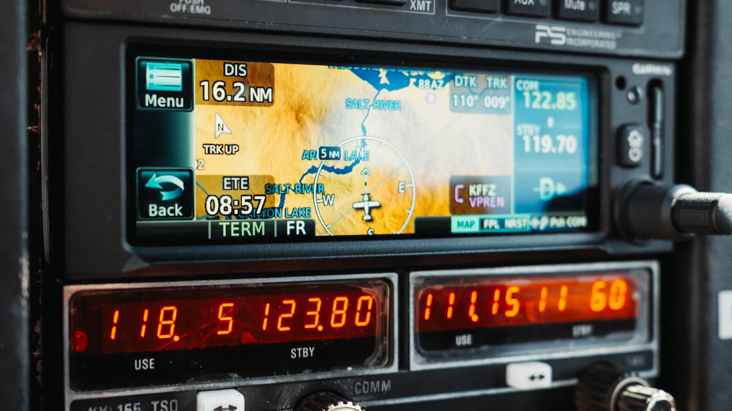 Garmin GPS navigator showing the Salt River near Phoenix in a SimpliFly Flight School training aircraft